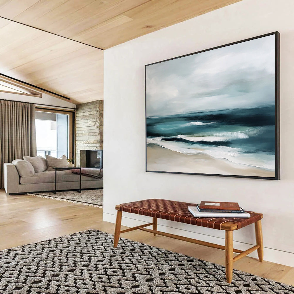 “Muted Coastal Calm” - Gray, Teal, Beige, Abstract Beach - Minimalist Oil Painting HB1507