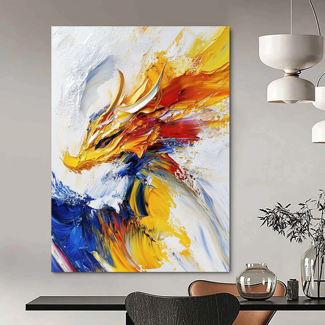 Contemporary abstract painting features an impasto technique with a powerful dragon soaring against a white background in vibrant yellows and blues. DLZ0525