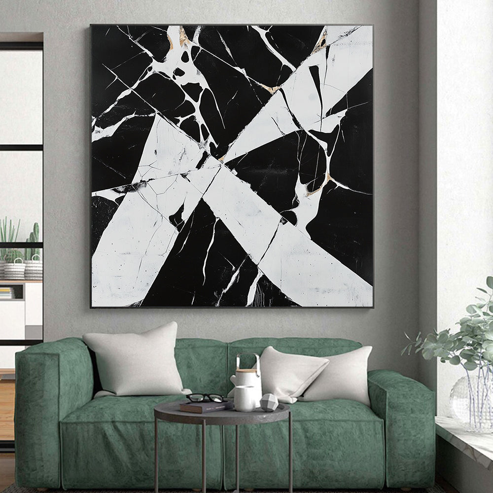 Black, White, Gold with Marbled Cracks "Fractured Elegance" Abstract Painting On Canvas HB017
