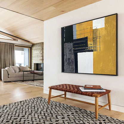 “Black Gold White Geometric Mix” - Black, gold, white, gray; Geometric abstract with mixed textures HB1292