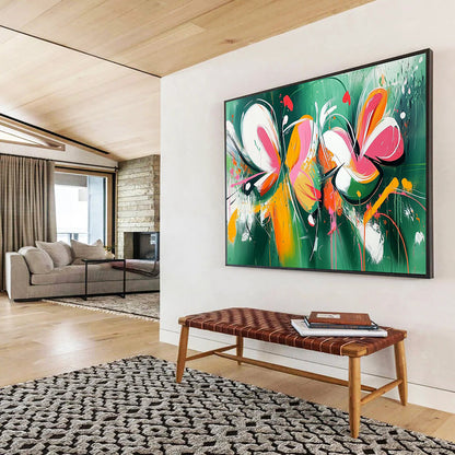 “Vibrant Floral Abstraction” - Green, Pink, Orange, Abstract Flowers Painting On Canvas HB0738