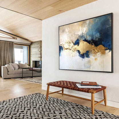 “Textured Gold - Blue - Gray Clouds” - Gold, Blue, Gray, White, Cloud - Like Shapes Painting On Canvas HB0823