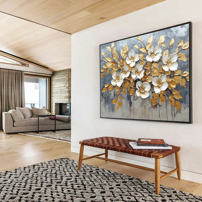 “Golden - Leafed White Flowers” - Gray background, gold leaves, white flowers, Textured Floral Painting On Canvas HB0586
