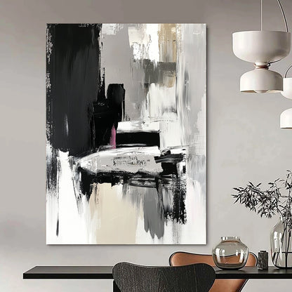 Contemporary hand-painted abstract artwork in black and grey features expressive brushstrokes with fluid shapes and textured surfaces depicting a car in an art gallery. DLZ0924