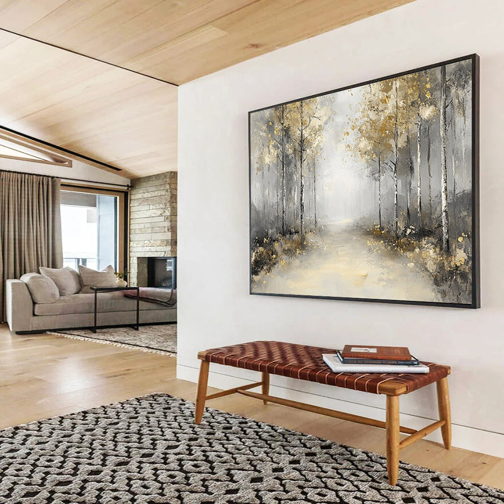 “Misty Forest Path with Gold” - Gray, Gold, Serene Forest Landscape Painting On Canvas HB0881
