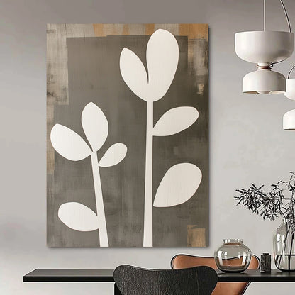Contemporary abstract artwork featuring gray and white shapes with wooden cut-out flowers offers a striking visual statement for any space. DLZ0792