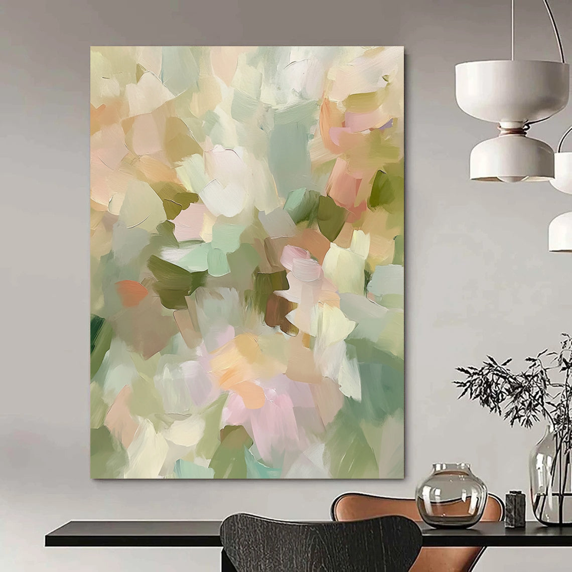 Contemporary hand-painted abstract artwork featuring soft pastel tones and impressionist style evokes spring flowers with muted green and beige hues. DLZ0870