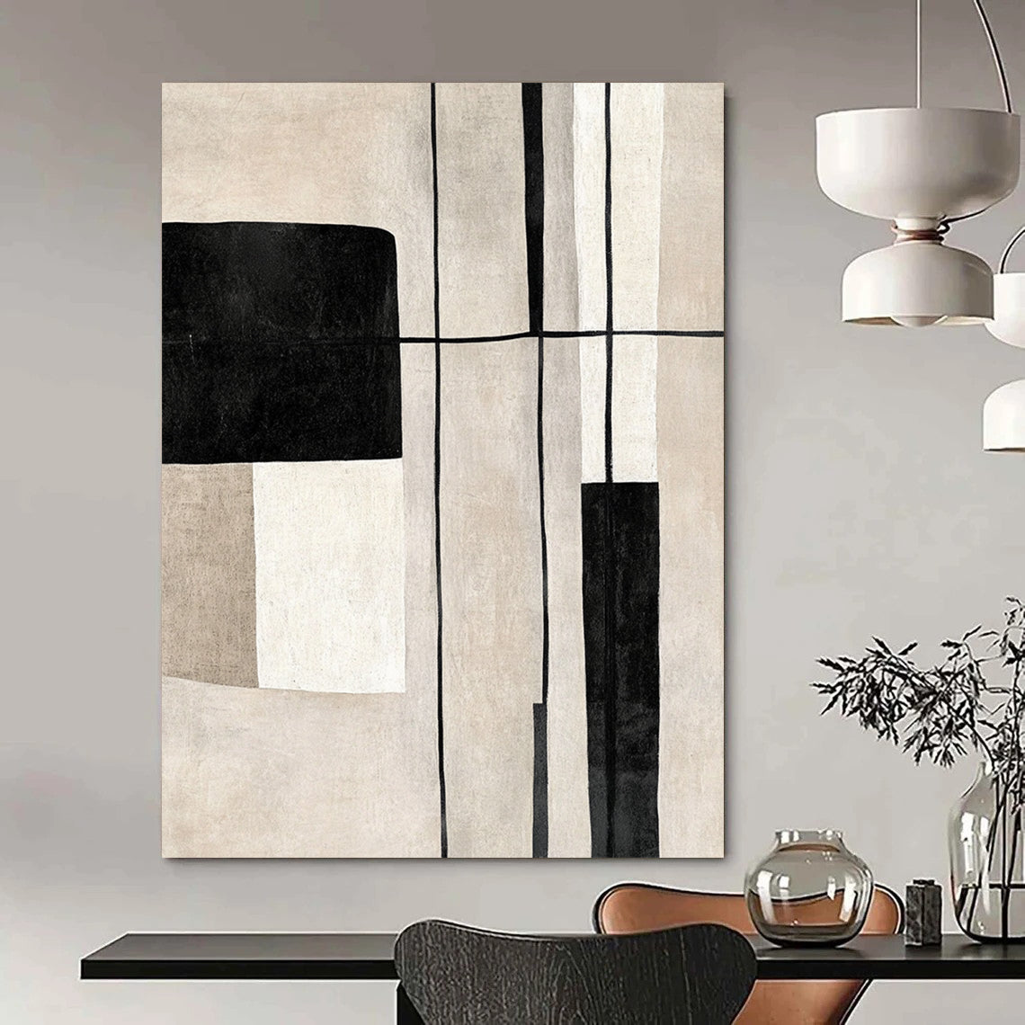 Contemporary hand-painted abstract art featuring geometric shapes in black and white on a soothing beige background with delicate lines. DLZ1322