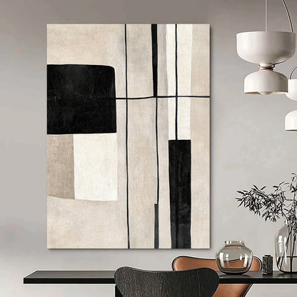 Contemporary hand-painted abstract art featuring geometric shapes in black and white on a soothing beige background with delicate lines. DLZ1322