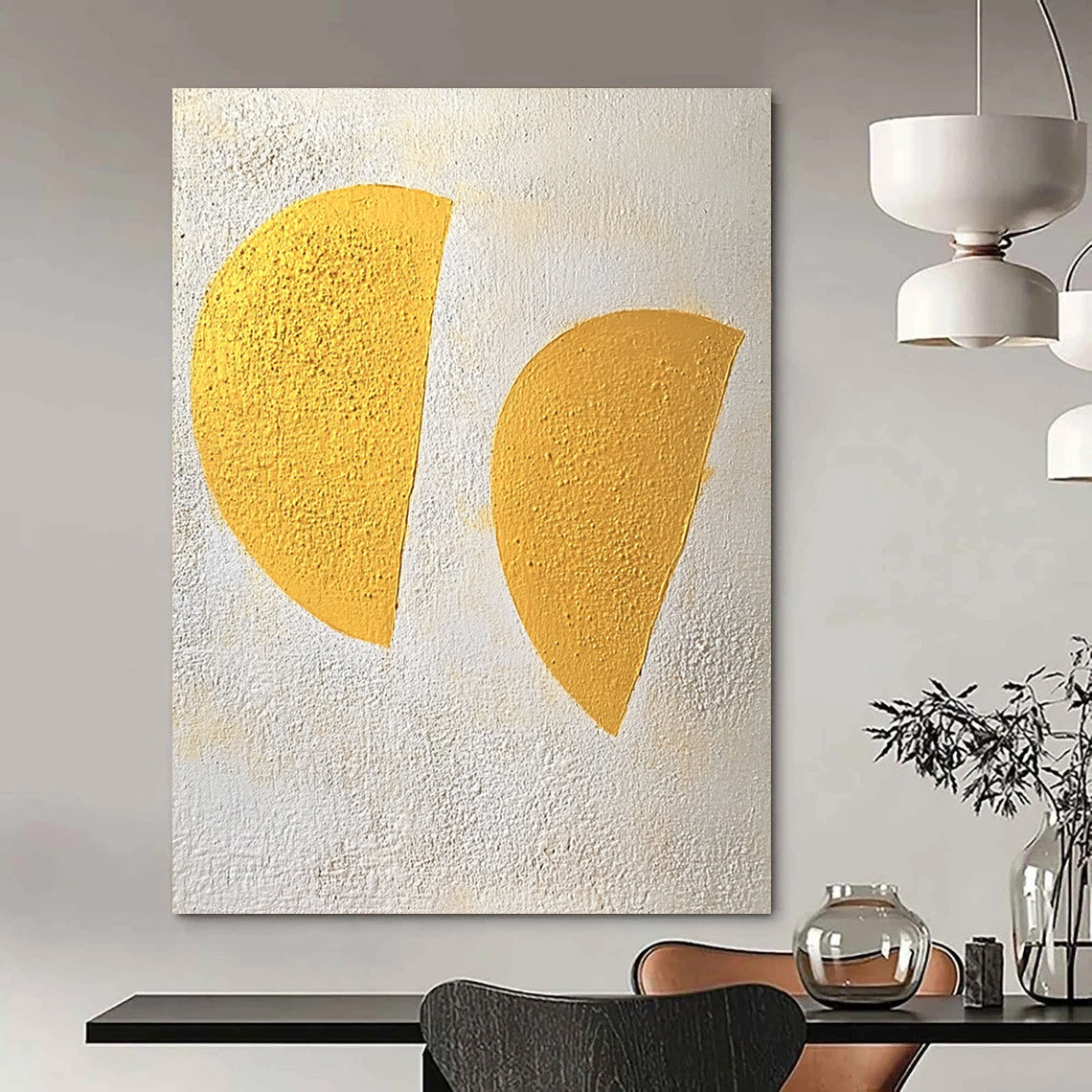 Large contemporary hand-painted abstract art featuring two yellow half-circles against a textured white and gray background in a soft color palette. DLZ1429