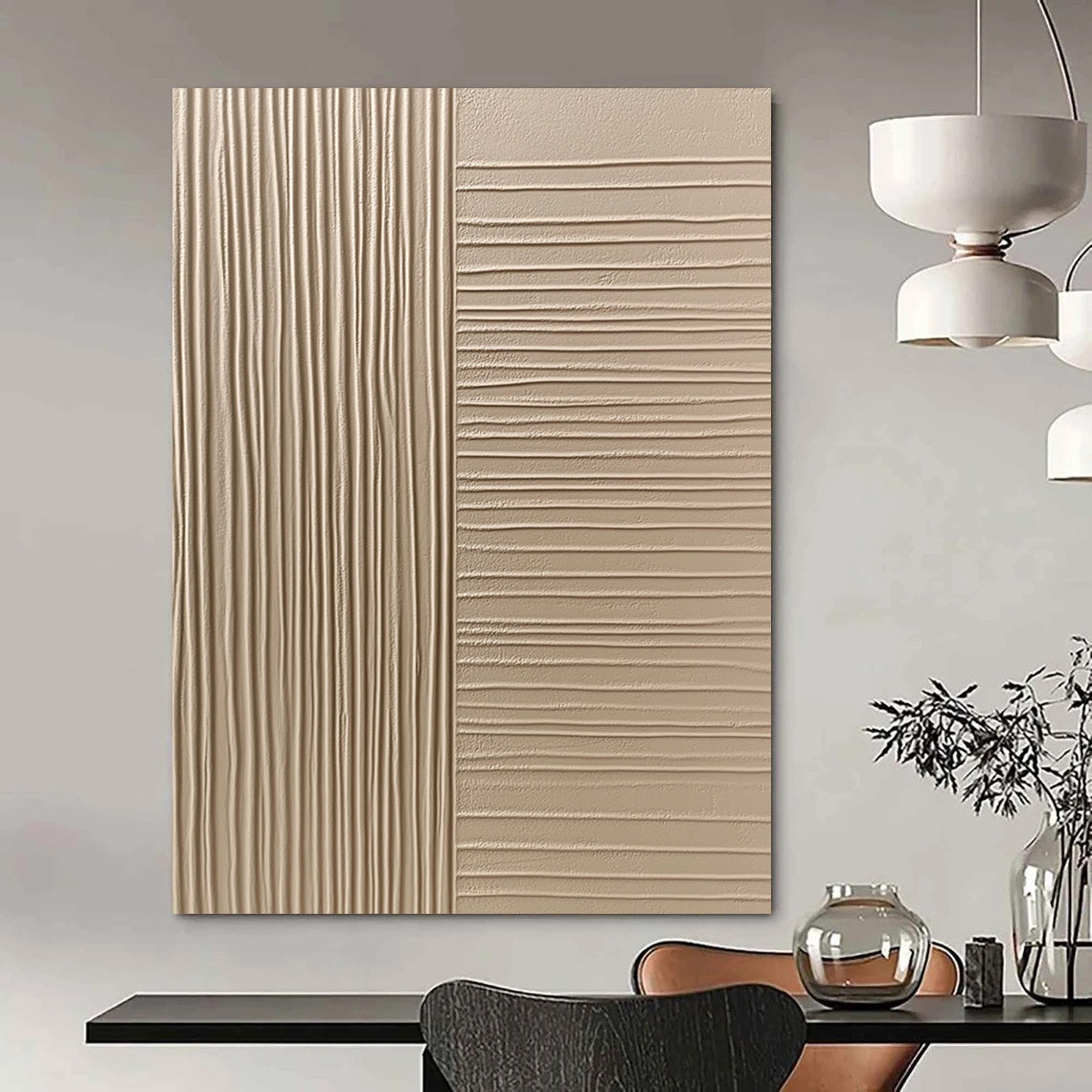 Contemporary hand-painted abstract art features beige wall cladding with smooth textured panels showcasing vertical grooves and flat surfaces for a sophisticated aesthetic. DLZ1532