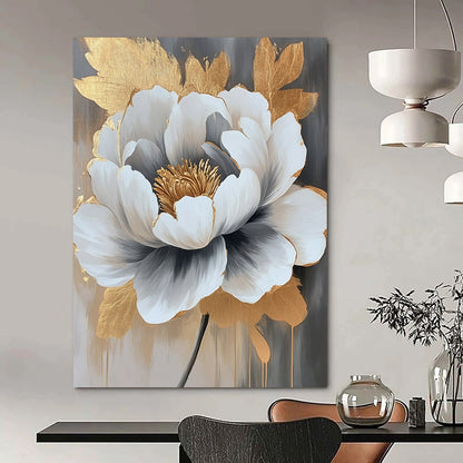 Contemporary hand-painted abstract artwork featuring a peony in gray and white with striking gold accents, perfect for modern decor. DLZ0782