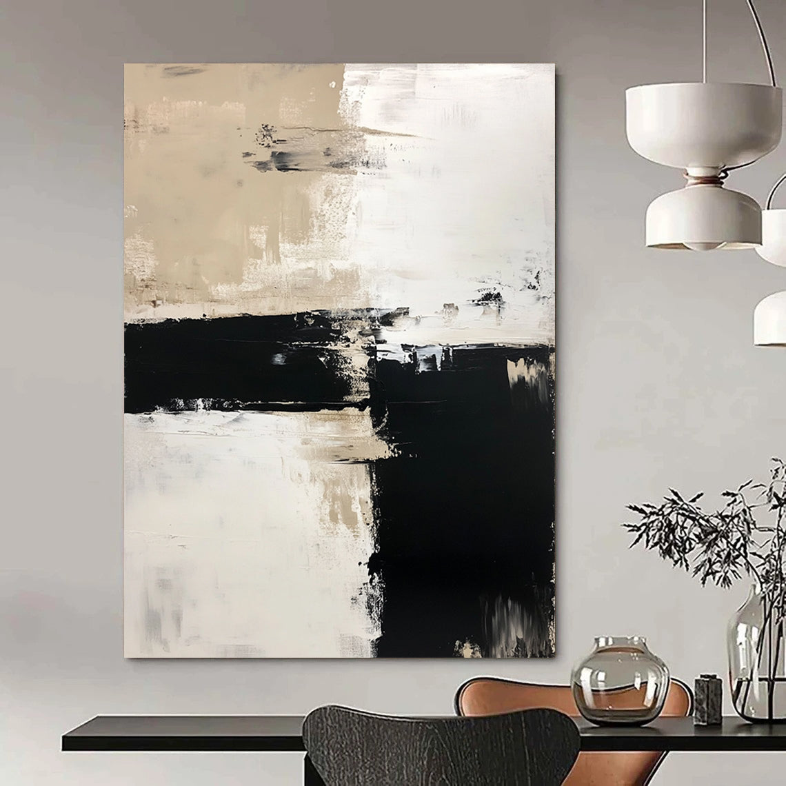 Contemporary hand-painted abstract art features a harmonious blend of white, beige, and black tones in acrylic paint for a modern aesthetic. DLZ0270