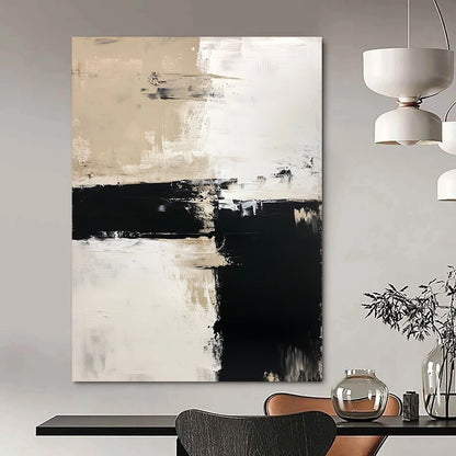 Contemporary hand-painted abstract art features a harmonious blend of white, beige, and black tones in acrylic paint for a modern aesthetic. DLZ0270