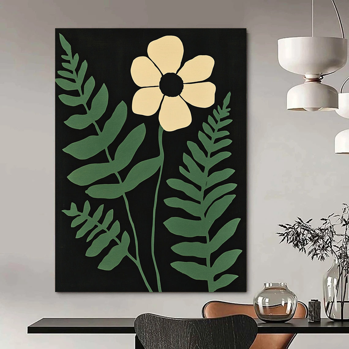 Contemporary abstract art featuring a white flower and green fern leaves on a striking black background with muted colors inspired by Matisse. DLZ1636