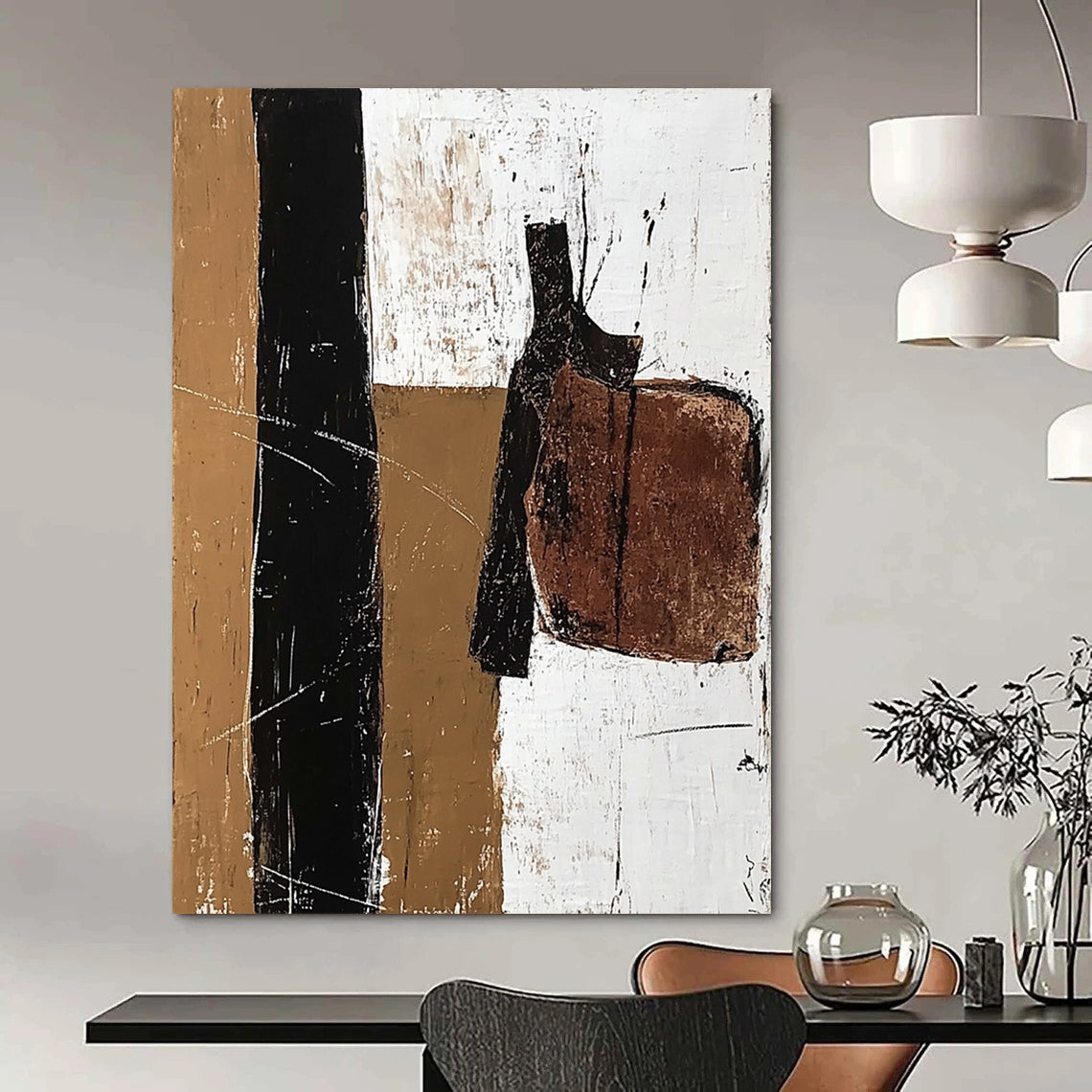 Large contemporary abstract painting featuring a vertical line of acrylic paint and earthy tones with details of an old leather saddle. DLZ1032