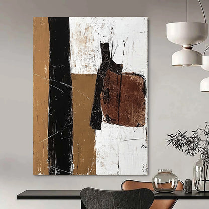 Large contemporary abstract painting featuring a vertical line of acrylic paint and earthy tones with details of an old leather saddle. DLZ1032
