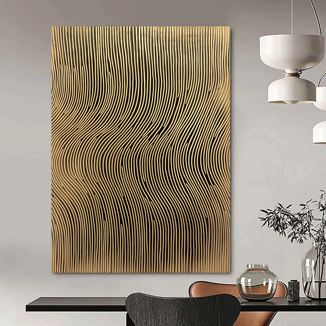 Contemporary abstract artwork features golden sound wave lines on a textured background adding depth and elegance to any space. DLZ1491