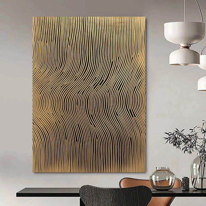 Contemporary abstract artwork features golden sound wave lines on a textured background adding depth and elegance to any space. DLZ1491