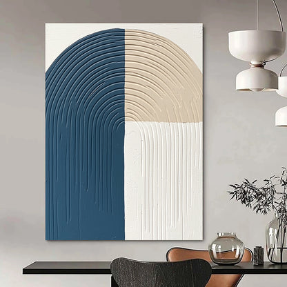 Contemporary hand-painted abstract art features thick lines and curves in blue gray and beige on a white background with a semi-circular arc shape. DLZ1376