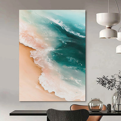 Contemporary hand-painted abstract artwork featuring a sandy beach with gentle waves in light pink and turquoise tones, evoking nature's serene beauty. DLZ1222