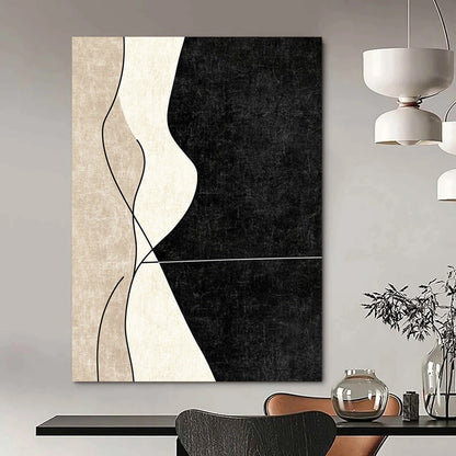Modern contemporary abstract painting with clean lines showcasing elegant curved shapes in neutral tones against a deep black background. DLZ1375