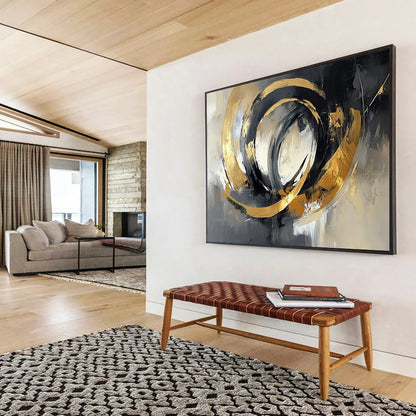 “Swirling Gold - Gray Circles” - Gold, Gray, Swirling Circles Painting On Canvas HB0793