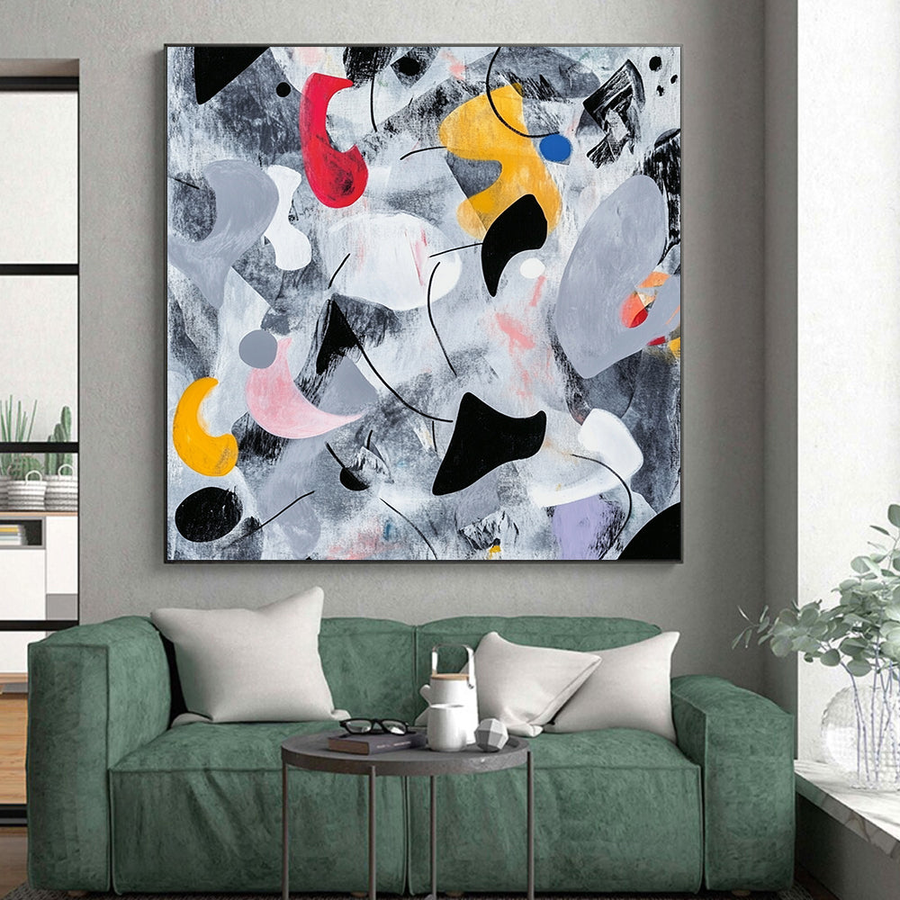 Black, Gray, White, Red, Yellow, Blue and Pink Abstract Melange "Whimsical Dreamscape" Painting On Canvas HB330