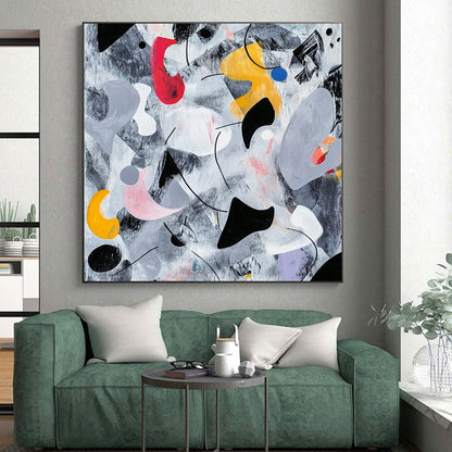 Black, Gray, White, Red, Yellow, Blue and Pink Abstract Melange "Whimsical Dreamscape" Painting On Canvas HB330