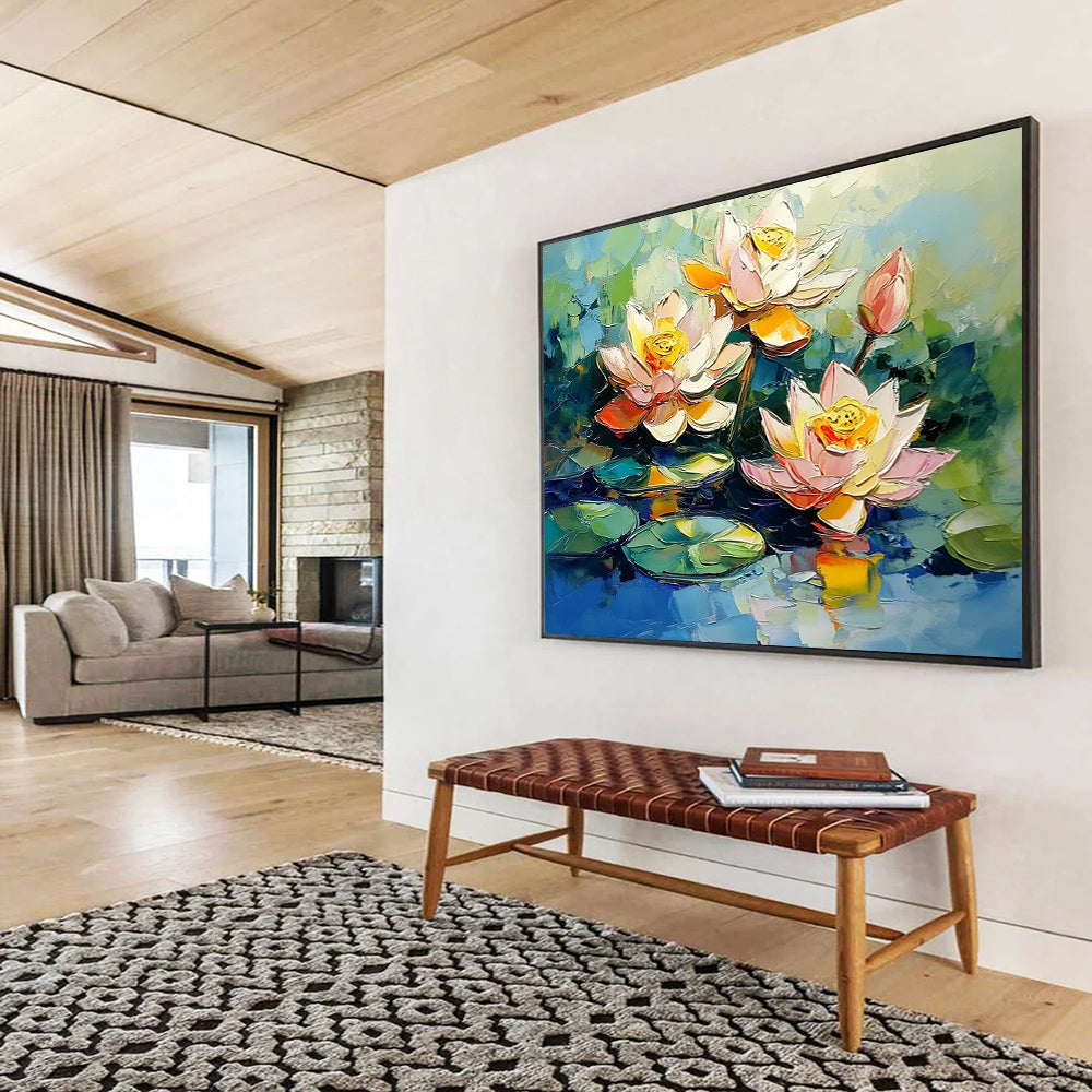 “Impasto Lotus Blossoms” - Pink, White, Yellow, Green, Blue, Thick - textured Lotus Flowers on Water - Impasto Oil Painting HB1766