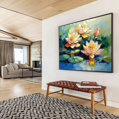 “Impasto Lotus Blossoms” - Pink, White, Yellow, Green, Blue, Thick - textured Lotus Flowers on Water - Impasto Oil Painting HB1766