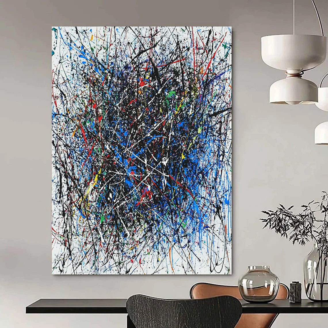Contemporary hand-painted abstract artwork featuring vibrant interlaced lines in blue red black white green and purple with dynamic shapes enhancing its energy. DLZ1285