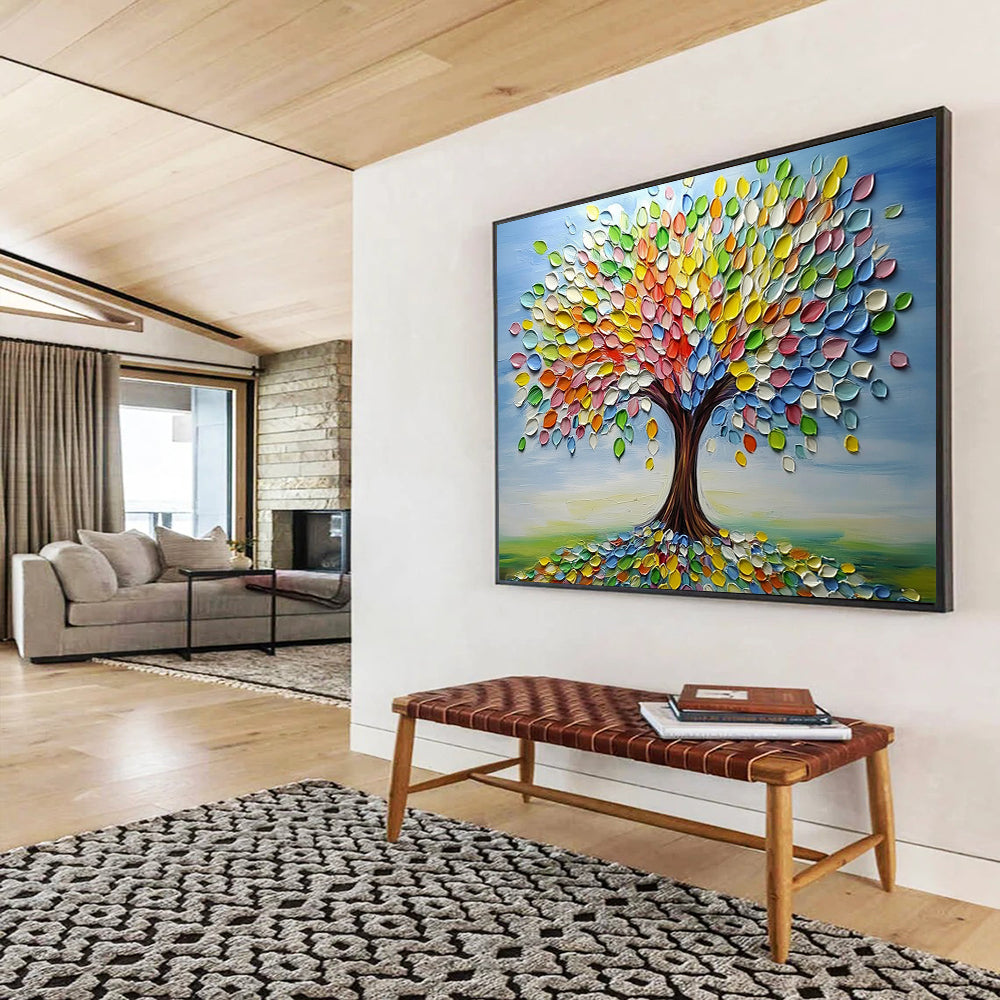 “Colorful Palette Tree” - Blue sky, multicolor leaves, textured trunk, 3D - Like Tree Painting On Canvas HB0593