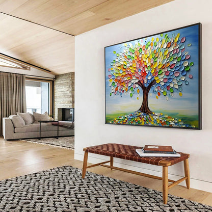 “Colorful Palette Tree” - Blue sky, multicolor leaves, textured trunk, 3D - Like Tree Painting On Canvas HB0593