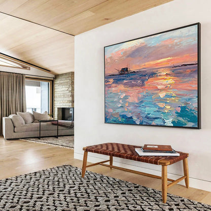 Sunset Sea Shack Oil Painting - Coastal Living Room or Office Art DLZ205