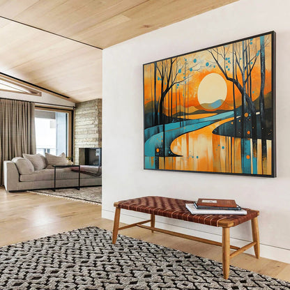“Sunset Forest Landscape” - Orange, blue, yellow, Modern Landscape Painting HB0627
