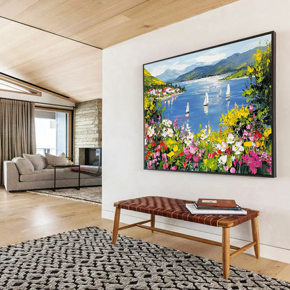 “Vibrant Lakeside Village” - Blue, Green, Yellow, Floral Landscape Painting On Canvas HB0686