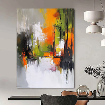 Contemporary hand-painted abstract art features an autumn forest in gray and white with vibrant orange yellow and green accents showcasing dynamic brush strokes. DLZ0947
