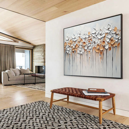 “White - Gold Floral Drip” - White, Gold, Beige with Flower Row - 3D Impasto Painting HB1350