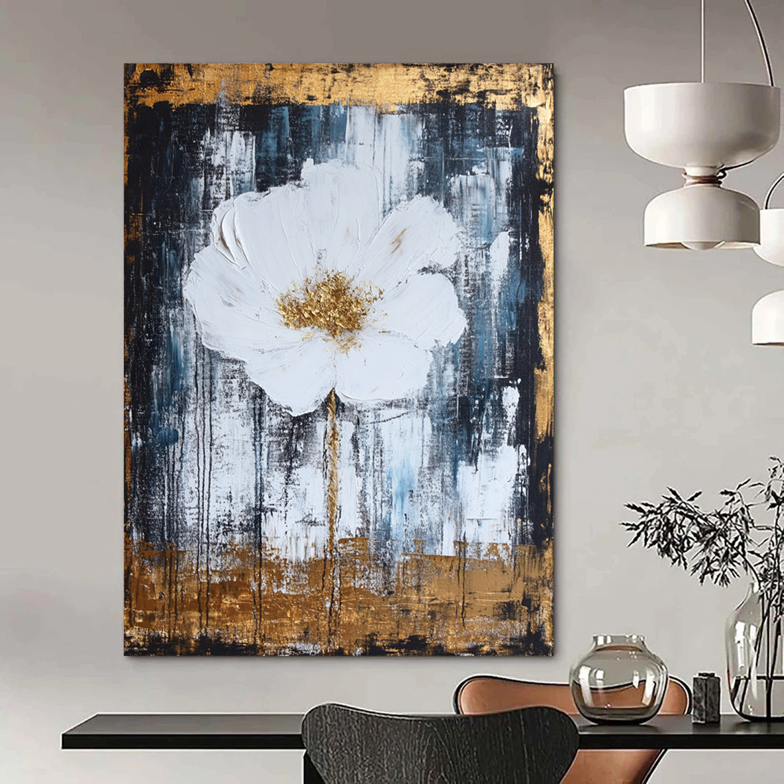 Contemporary hand-painted abstract artwork featuring white and gold tones, thick brush strokes, textured canvas, and a harmonious design with elegant metallic accents. DLZ0779