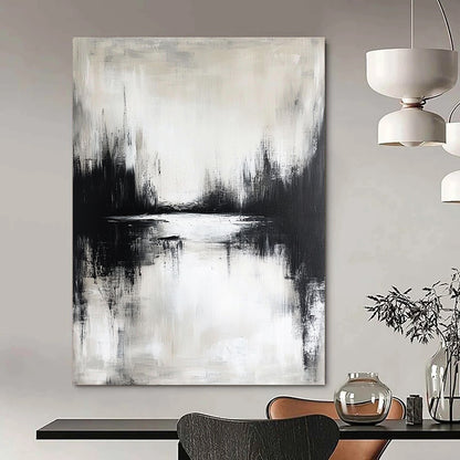 Contemporary hand-painted abstract artwork featuring a moody lake reflection in neutral tones and atmospheric black and white design. DLZ0310