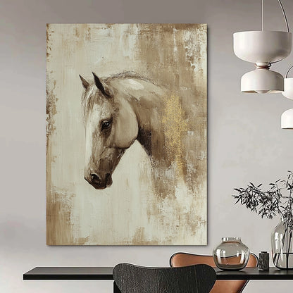 Contemporary abstract oil painting featuring a beige-toned Arabian horse profile with visible brush strokes and gold leaf detail, inspired by Richard Schmid. DLZ0895