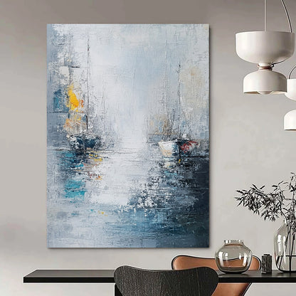 Contemporary abstract painting featuring sea and ships in a white gray blue palette with thick oil brush strokes. DLZ0636