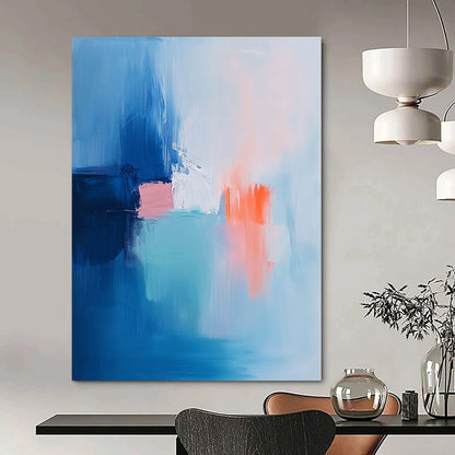 Contemporary hand-painted abstract art featuring soft brush strokes in light blue pink and white with navy blue and orange accents. DLZ1053