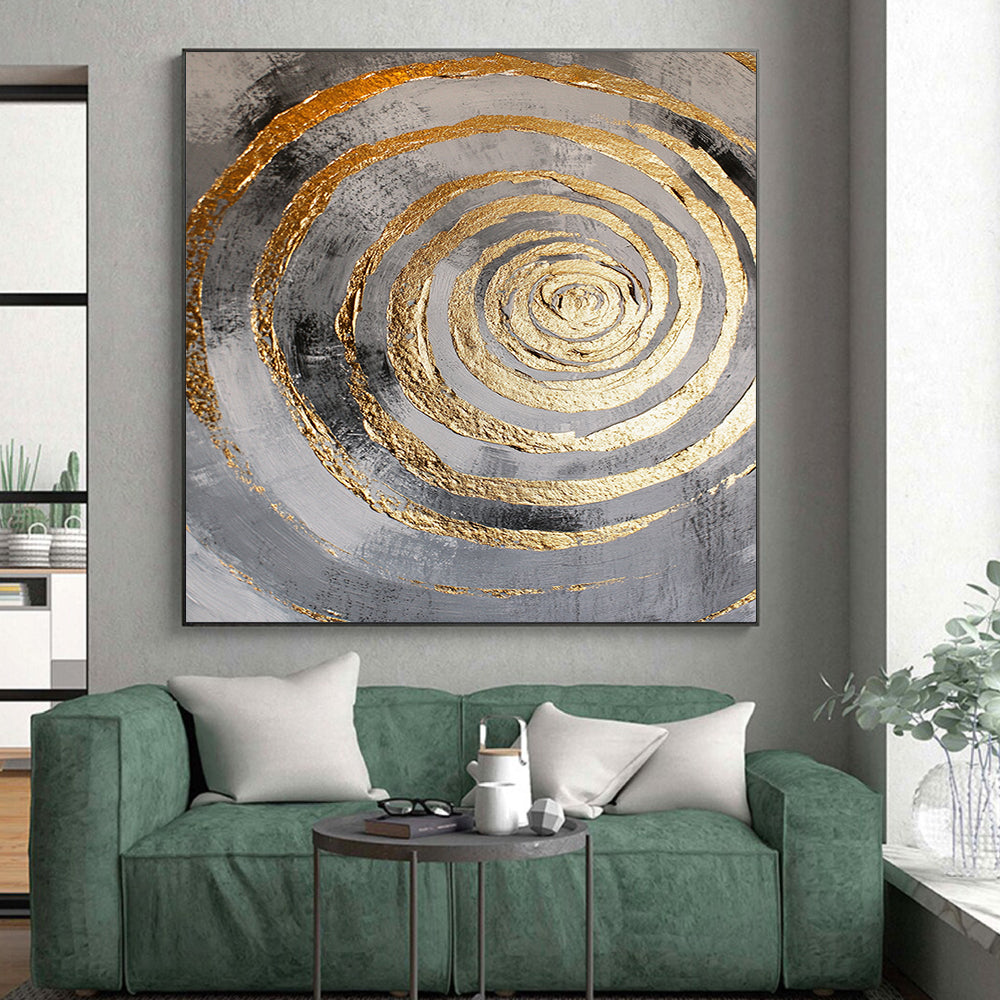 Black, Gray and Gold Concentric Circles with Drips "Dynamic Dripping Vortex" Painting On Canvas HB383