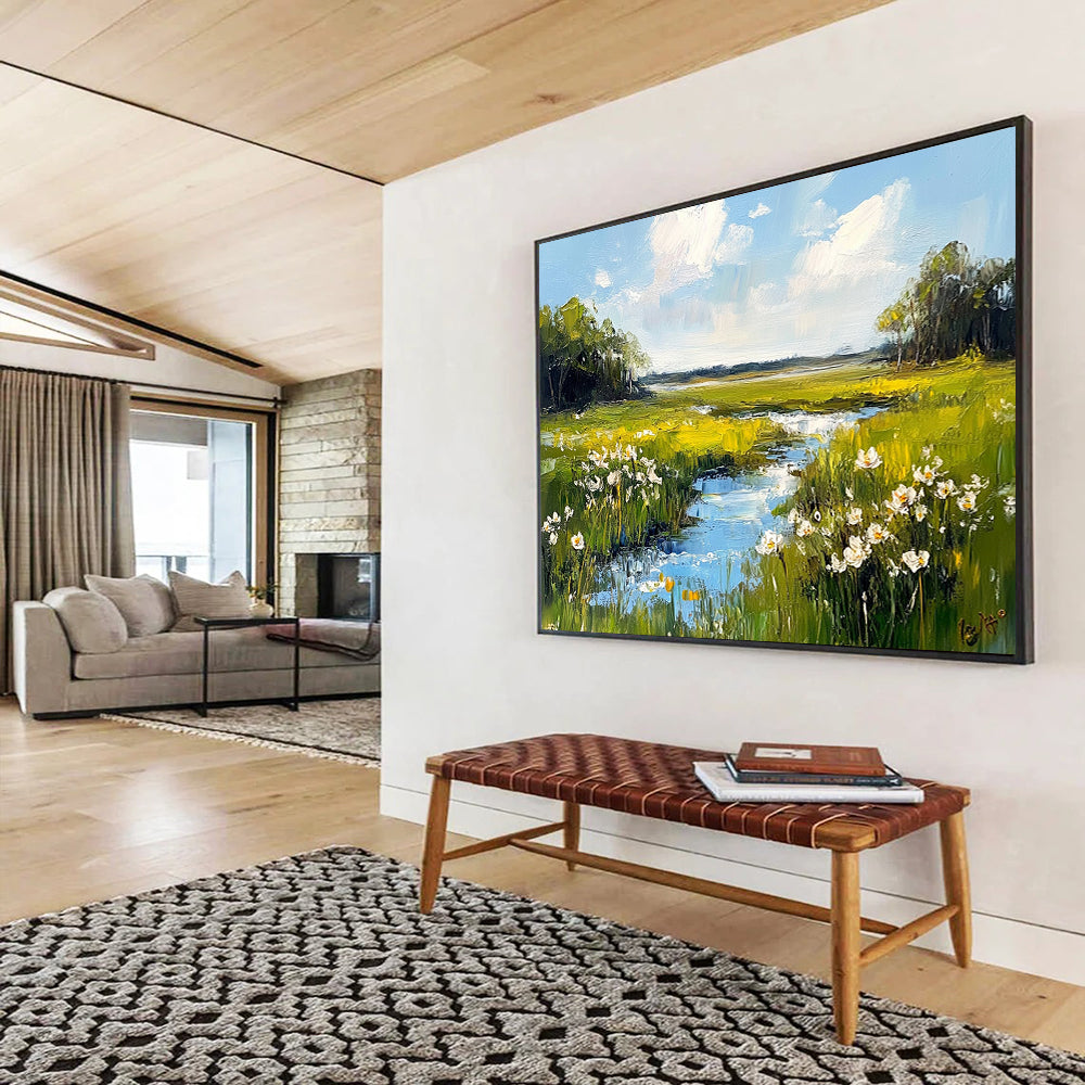 Green Meadow with Stream and White Flowers - Impressionistic Landscape Painting On Canvas HB0446