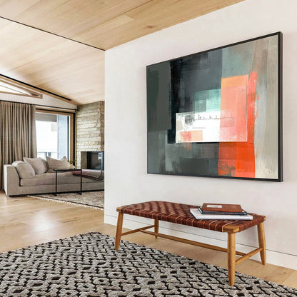 “Abstract Geometric with Ruler” - Gray, Coral, Teal, Geometric Shapes with Ruler Painting On Canvas HB0861