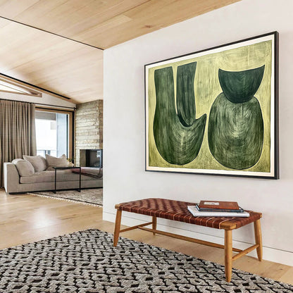 “Green Shapes on Beige” - Greens, Beiges, Abstract Organic Shapes - Acrylic Painting HB1762