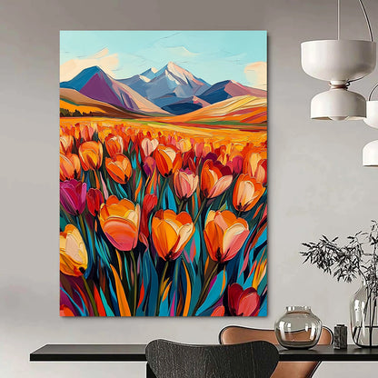 Contemporary vibrant abstract artwork featuring a field of tulips in orange and pink with majestic mountains in the background, evoking a sense of joy. DLZ1495