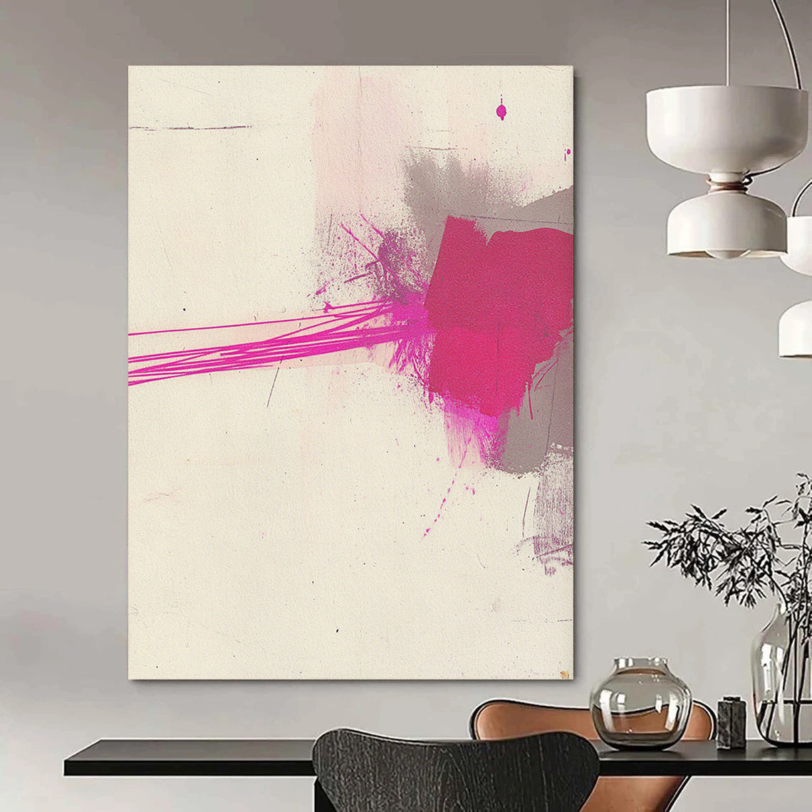 Contemporary hand-painted abstract art features minimalistic brushstrokes with pink and gray ink on textured white paper, highlighted by a thin magenta line. DLZ1519